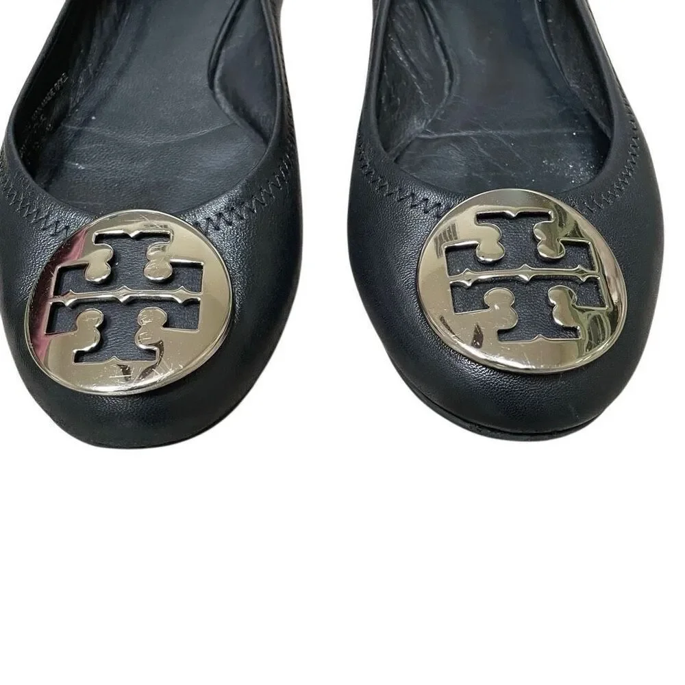 Tory Burch Reva Ballet Flats Women’s‎ 6.5 Travel Black Leather Silver Medallion